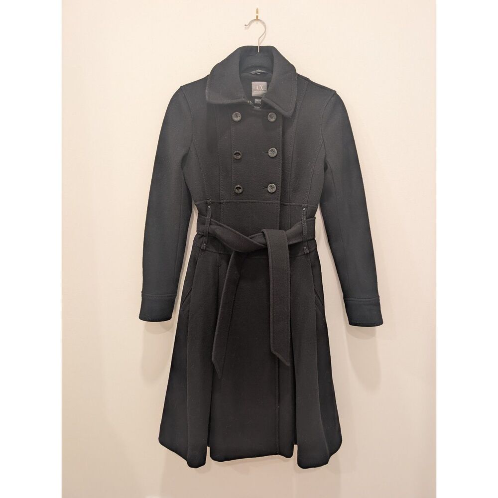 Armani Exchange Black Double Breasted Belted Wool Blend Coat Peacoat